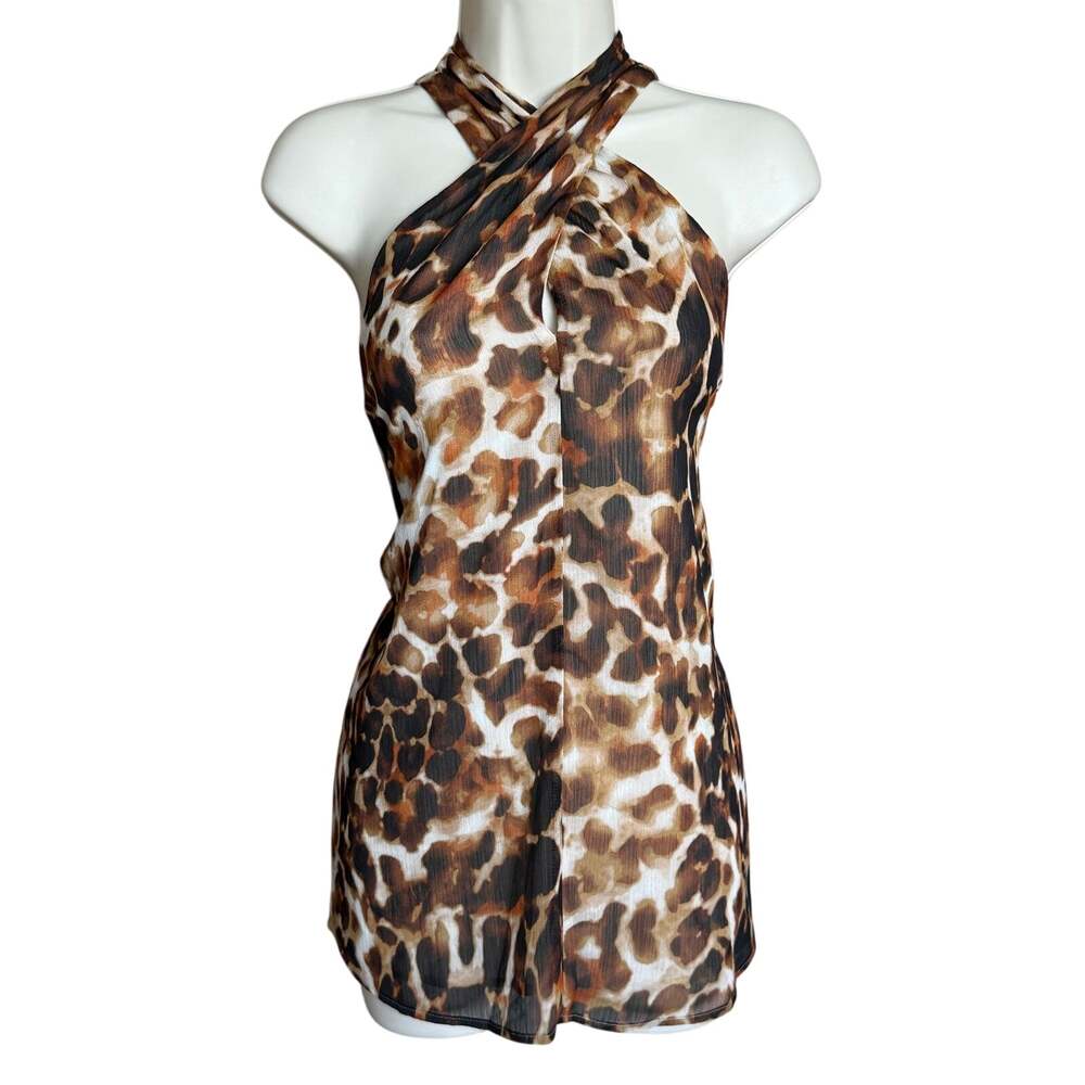 Calvin Klein Animal Print cross Front Sleeveless Blouse L NWOT